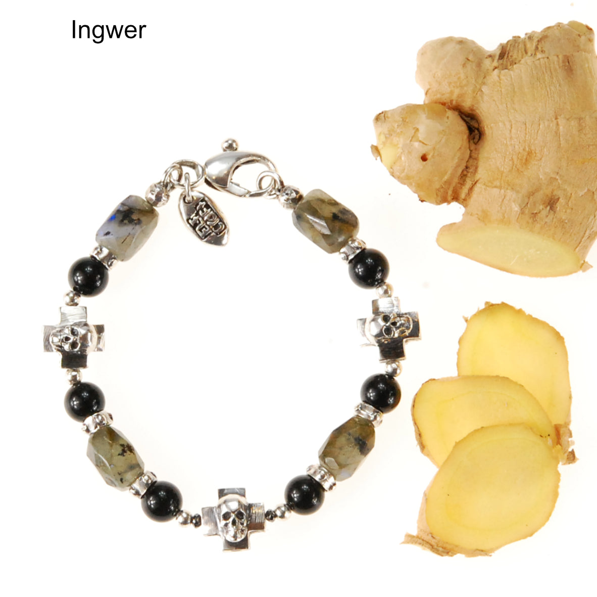 Silver Bracelet SKULL CROSSES and LABRADORITE ROCKS with Black Beads+Diamonds