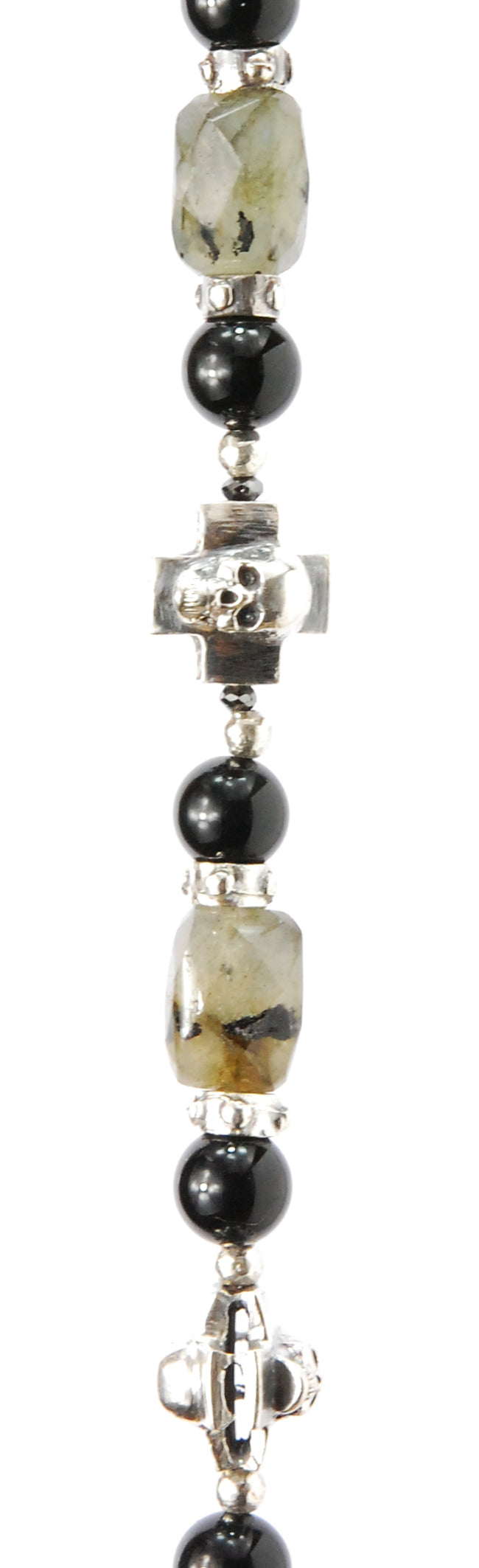 Silver Bracelet SKULL CROSSES and LABRADORITE ROCKS with Black Beads+Diamonds