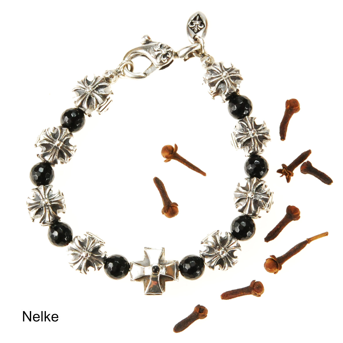 Silberarmband MALTESERKREUZE und RITTERKREUZ mit Onyx Perlen