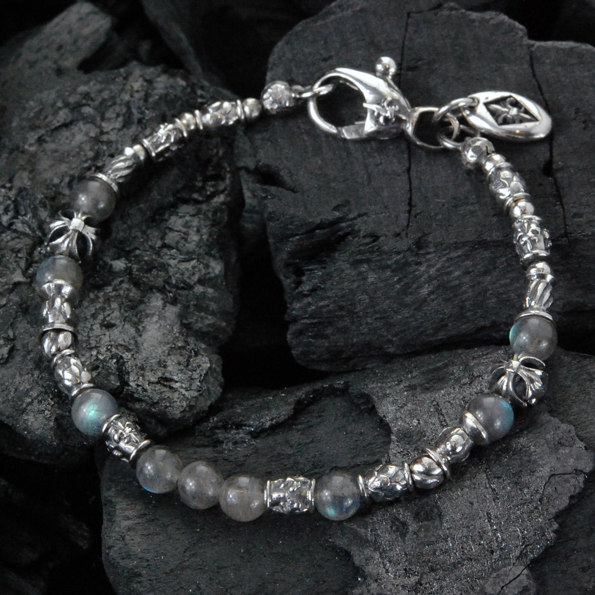 Silver Bracelet TUBES Elfin Lilies, Dragon Scales Spirals Stars with MALTESER CROSS and Beads
