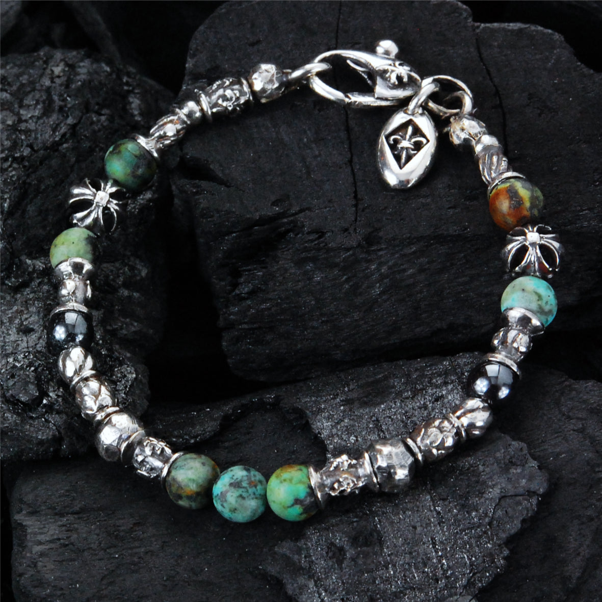 Silver Bracelet TUBES Elfin Lilies, Dragon Scales Spirals Stars with MALTESER CROSS and Beads