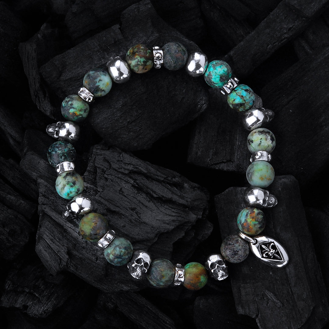 Silver Bracelet Beads and SKULLS ROW on Rubber