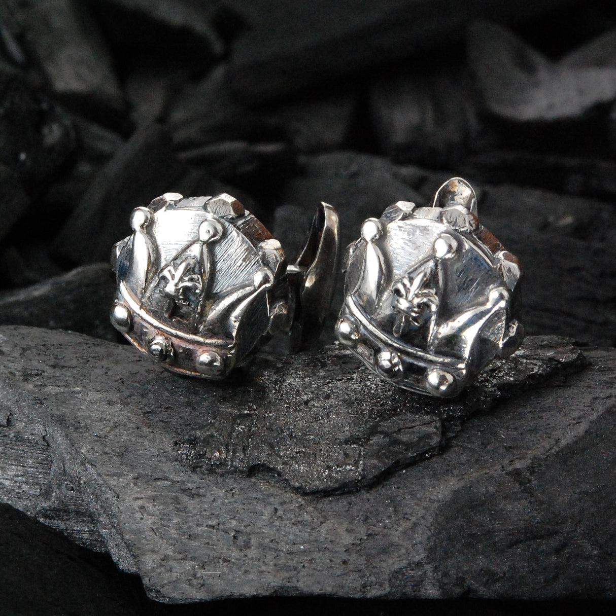 Silver Cufflinks CROWN on Faceted Body + METEORITE