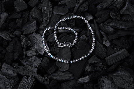 Silver and Pearls Necklace with Triple Small SKULLS  5