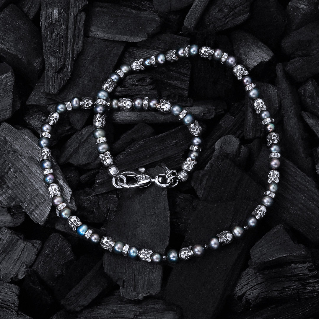 Silver and Pearls Necklace with Triple Small SKULLS  5