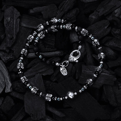 Silver and Pearls Necklace with Triple Small SKULLS  8