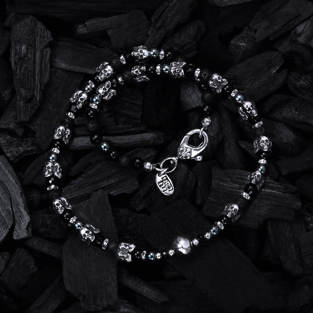 Silver and Pearls Choker with Triple Small SKULLS  8 big Middle Pearl