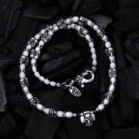 Silver and Pearls Necklace with Triple Small SKULLS  8