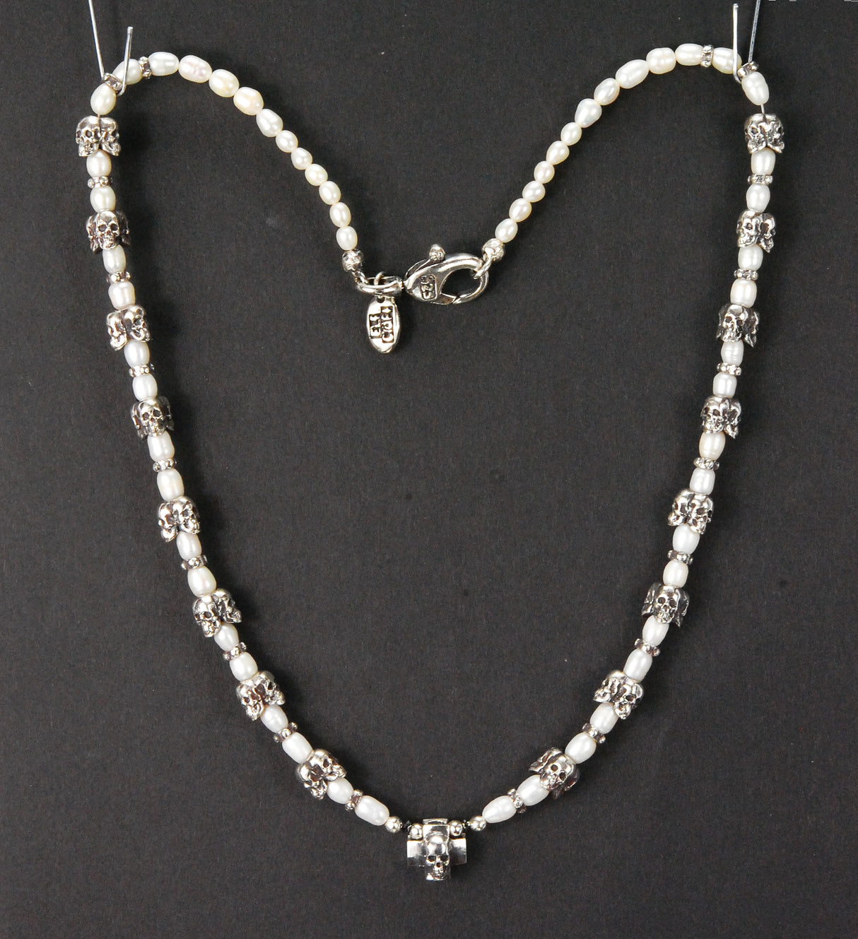 Silver and Pearls Necklace with Triple Small SKULLS 8
