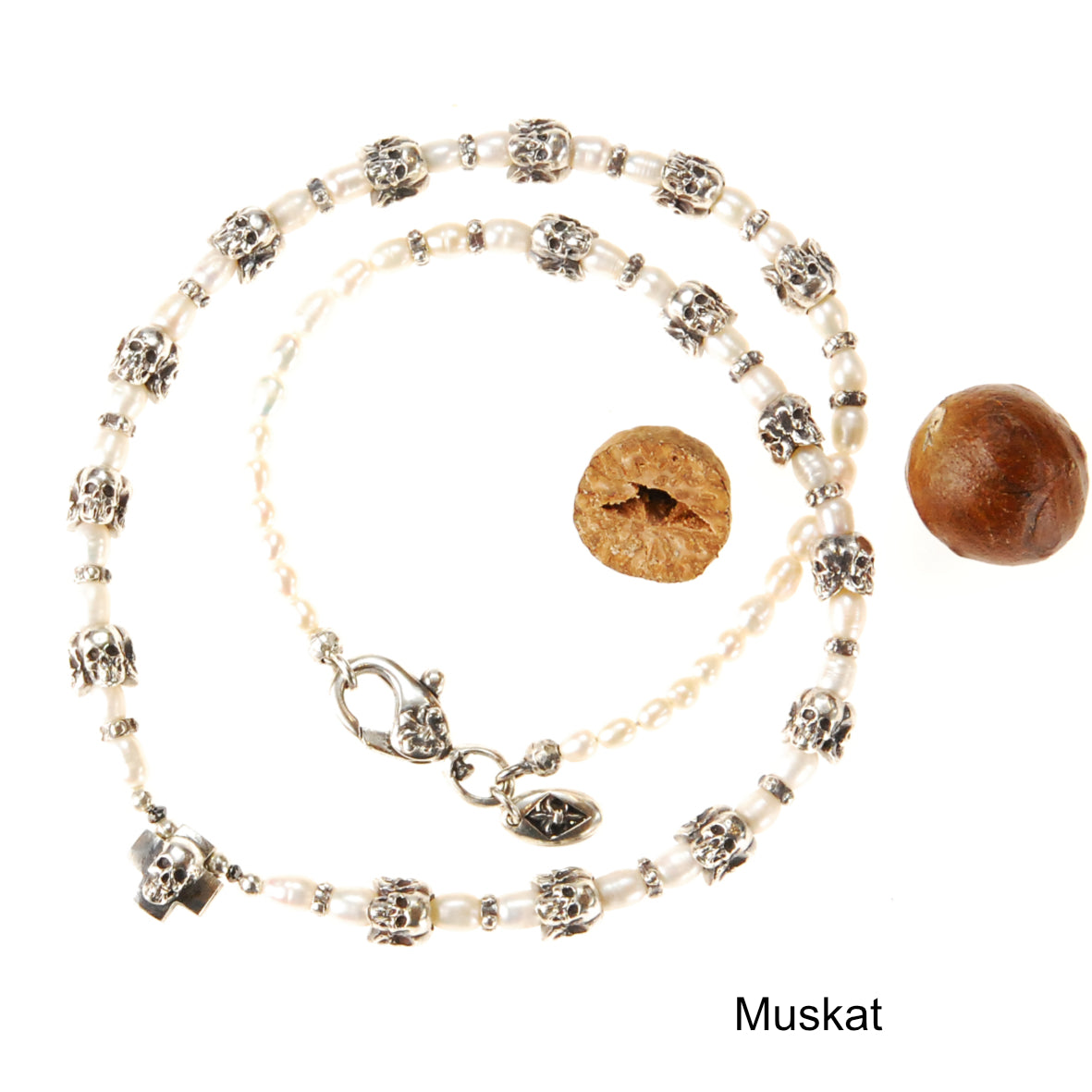 Silver and Pearls Necklace with Triple Small SKULLS 8