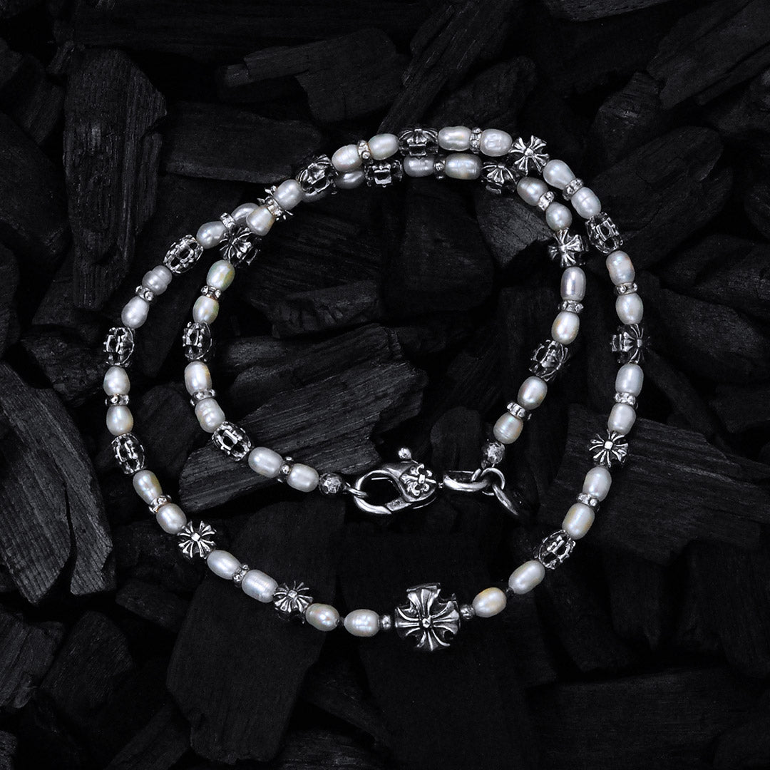 Silver and Pearls Necklace with Malteser Crosses 8 + 12 mm