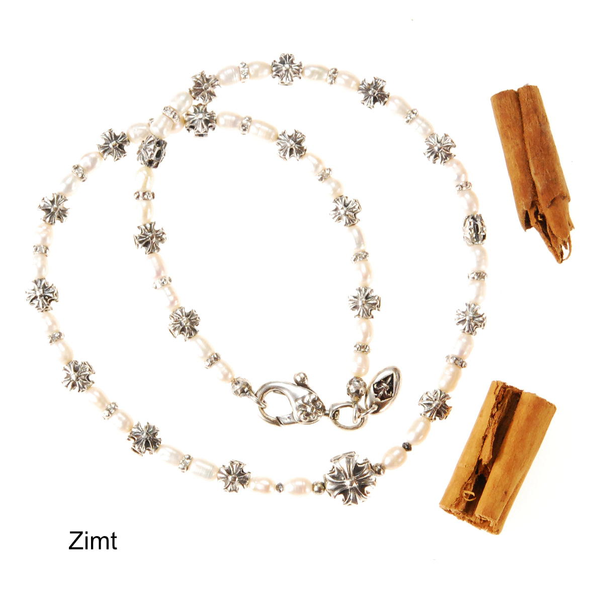 Silver and Pearls Necklace with Malteser Crosses 8 + 12 mm