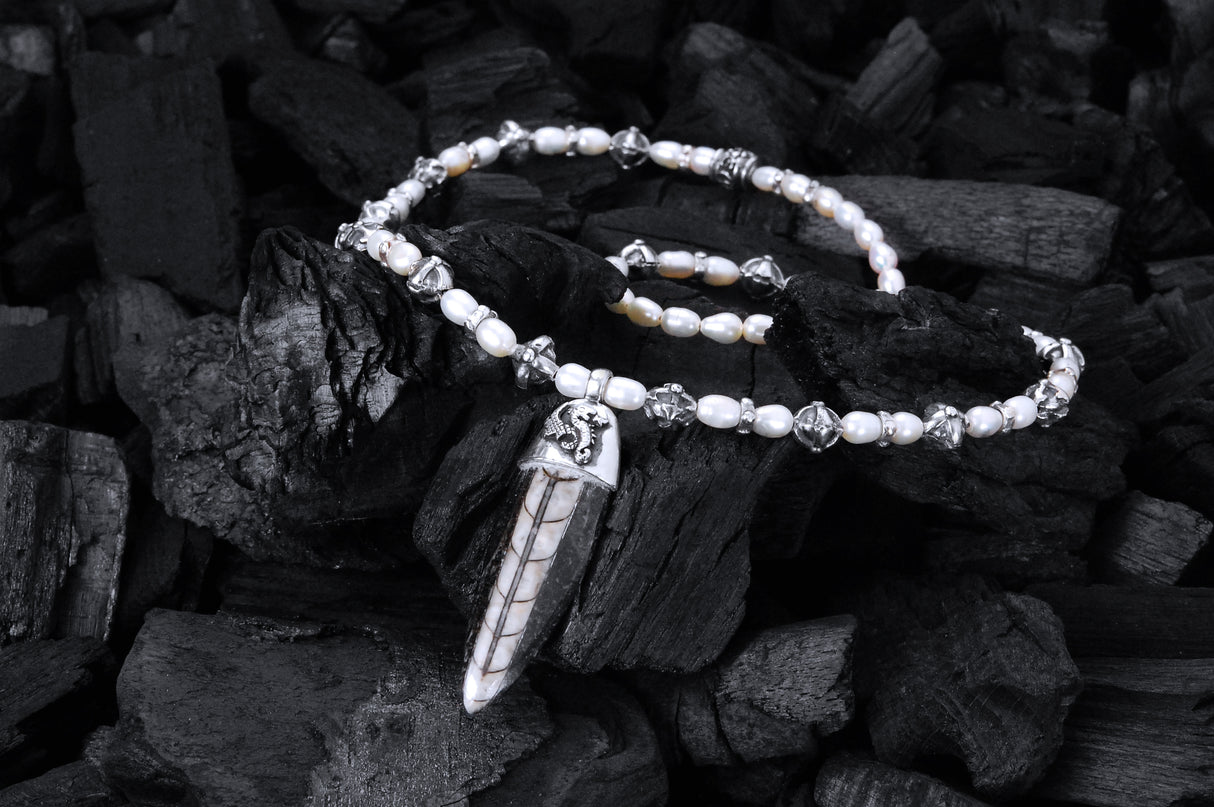 Silver and Pearls Necklace with Small Silver Crossballs 6 and a real Fossil