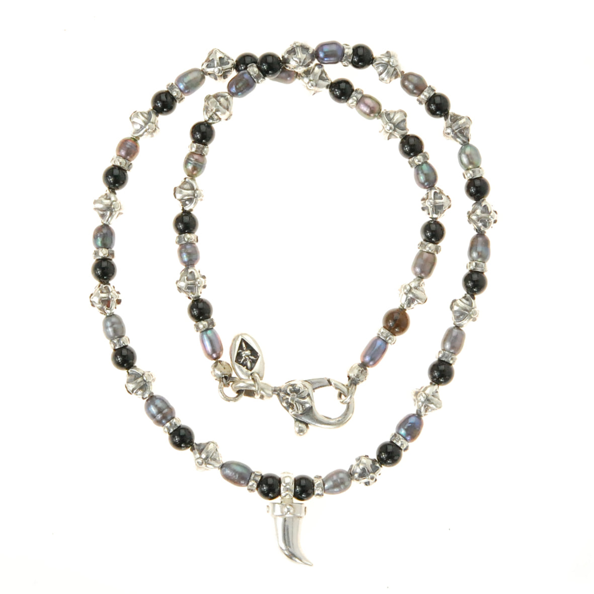 Silver and Pearls Necklace with Small Silver Crossballs 6 and Silver Tooth