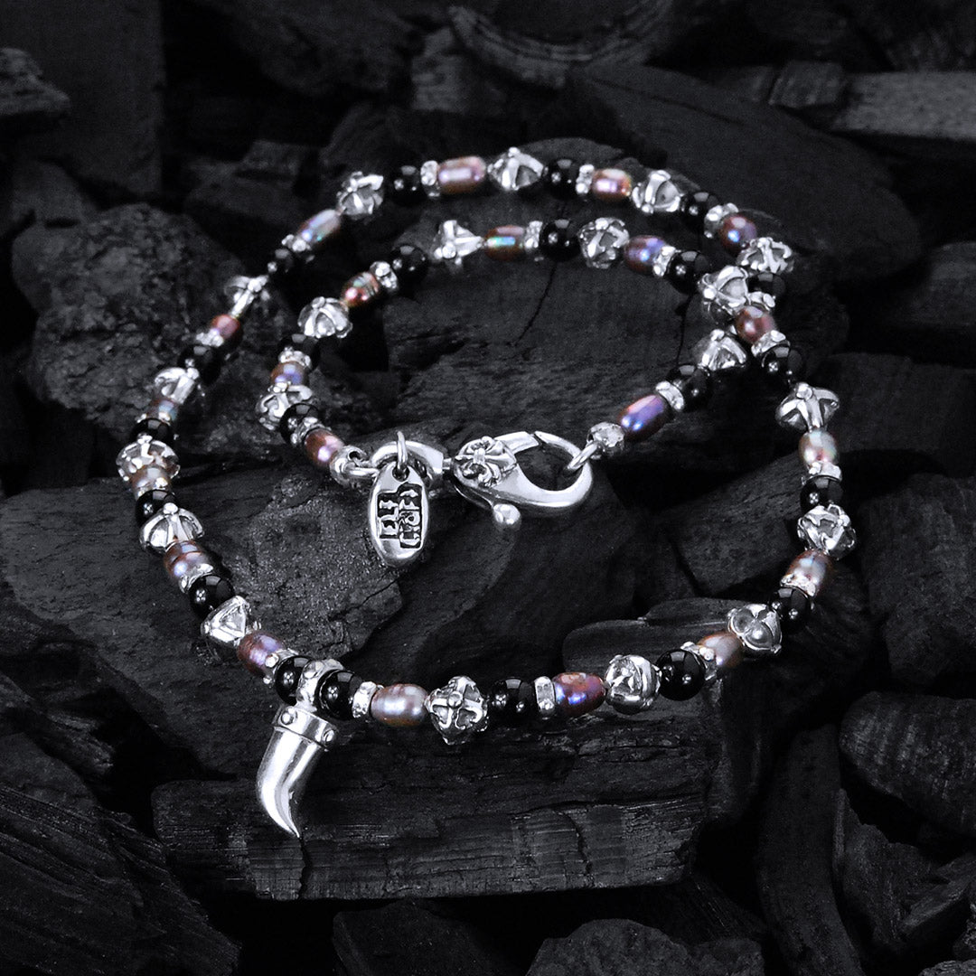 Silver and Pearls Necklace with Small Silver Crossballs 6 and Silver Tooth