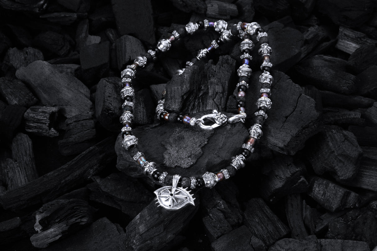 Silver Morning Star Barrel Tubes Necklace with The Third EYE View+black Diamonds