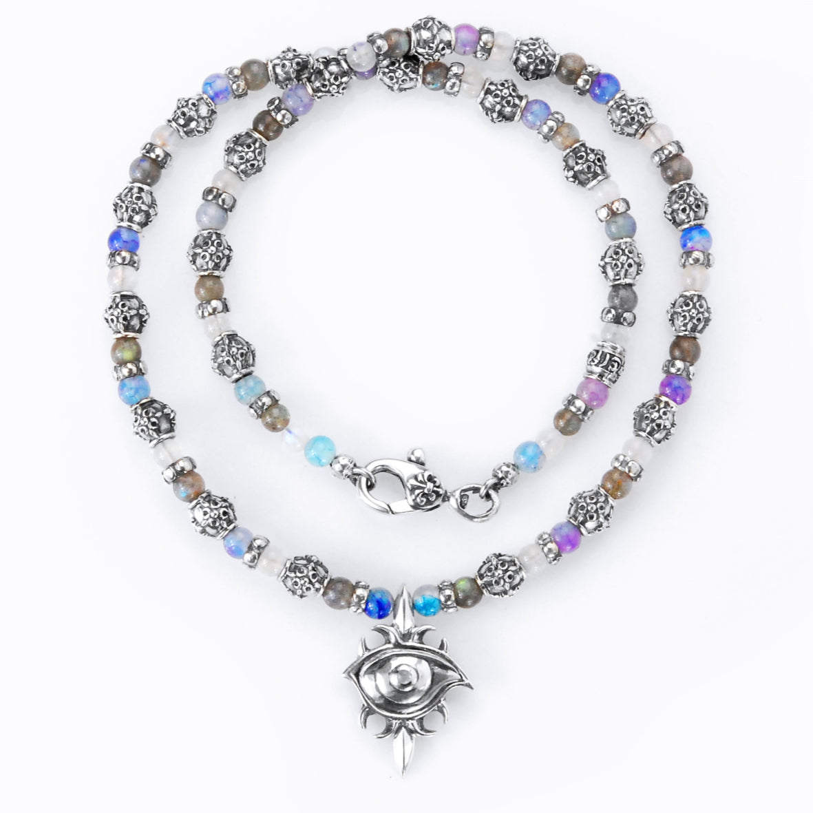 Silver with CRESCENT STAR Tubes + THIRD EYE Protector with BEADS/PEARLS Necklace