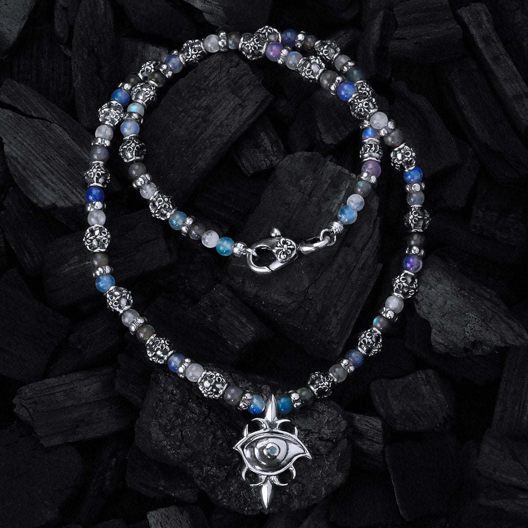 Silver with CRESCENT STAR Tubes + THIRD EYE Protector with BEADS/PEARLS Necklace