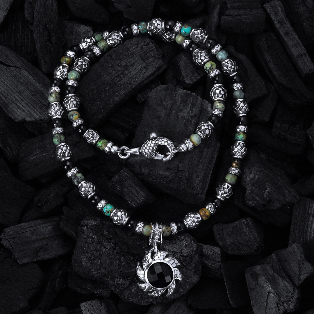 Silver with Dragon Scales Tubes + FLAMED SUN with BEADS/PEARLS Necklace