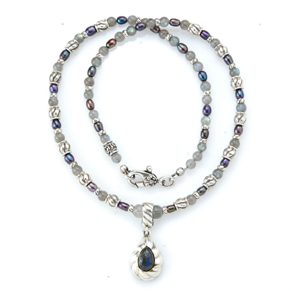Silver with BEADS/PEARLS Necklace with SPIRAL Tubes+DROP Pendant Stoneholder