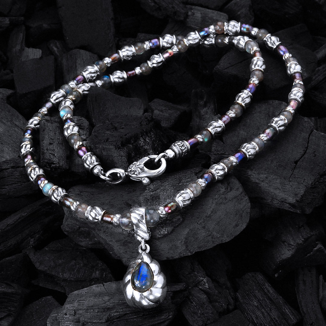 Silver with BEADS/PEARLS Necklace with SPIRAL Tubes+DROP Pendant Stoneholder