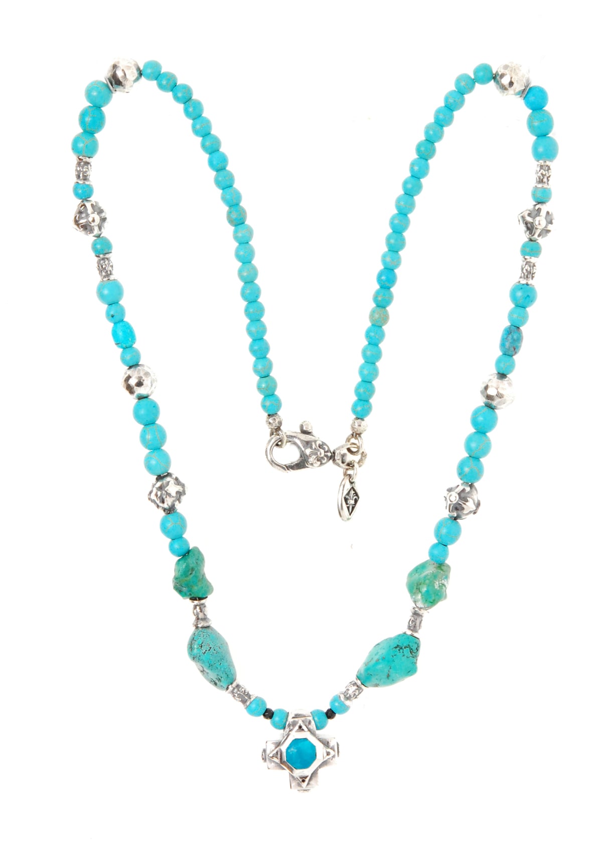 ROCKS BEADS+PEARLS Necklace with Silver Tubes and Balls and GREEK OCTAGON CROSS