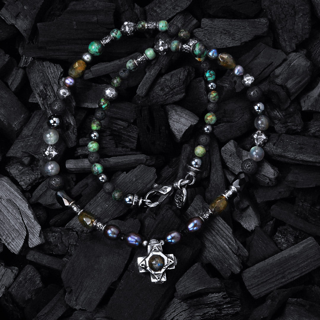 ROCKS BEADS+PEARLS Necklace with Silver Tubes and Balls and GREEK OCTAGON CROSS