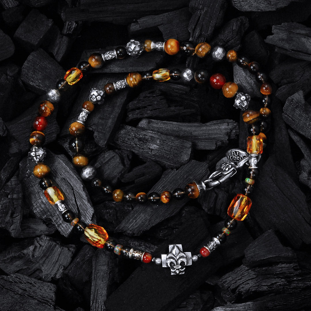 ROCKS and BEADS Necklace w. Silver Tubes and Balls and GREEK LILY CROSS