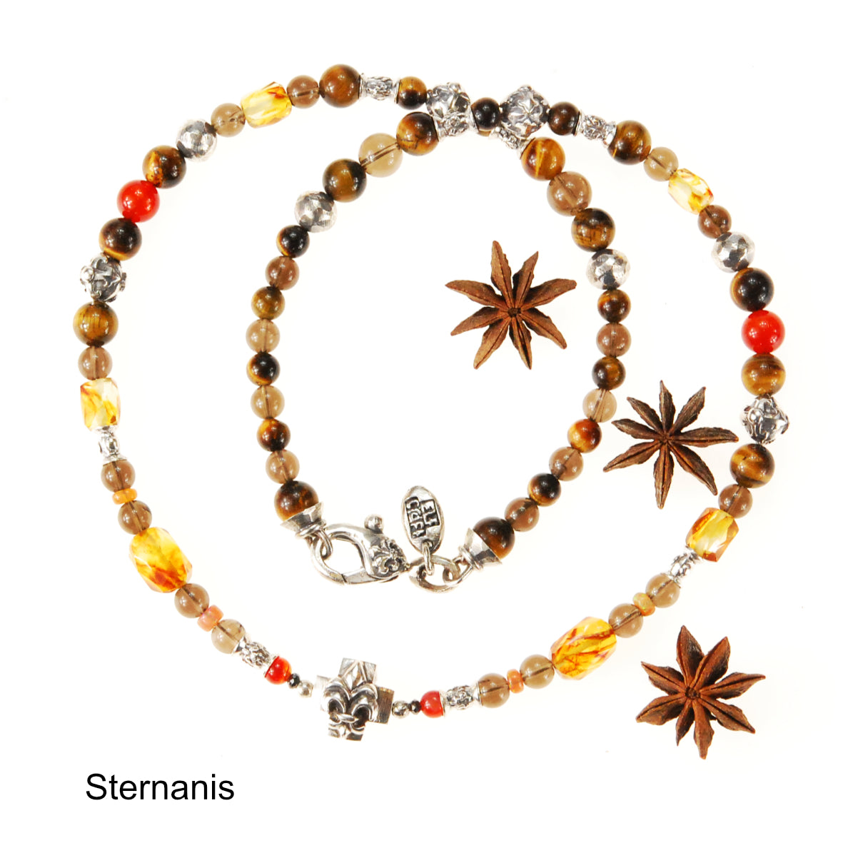 ROCKS and BEADS Necklace w. Silver Tubes and Balls and GREEK LILY CROSS