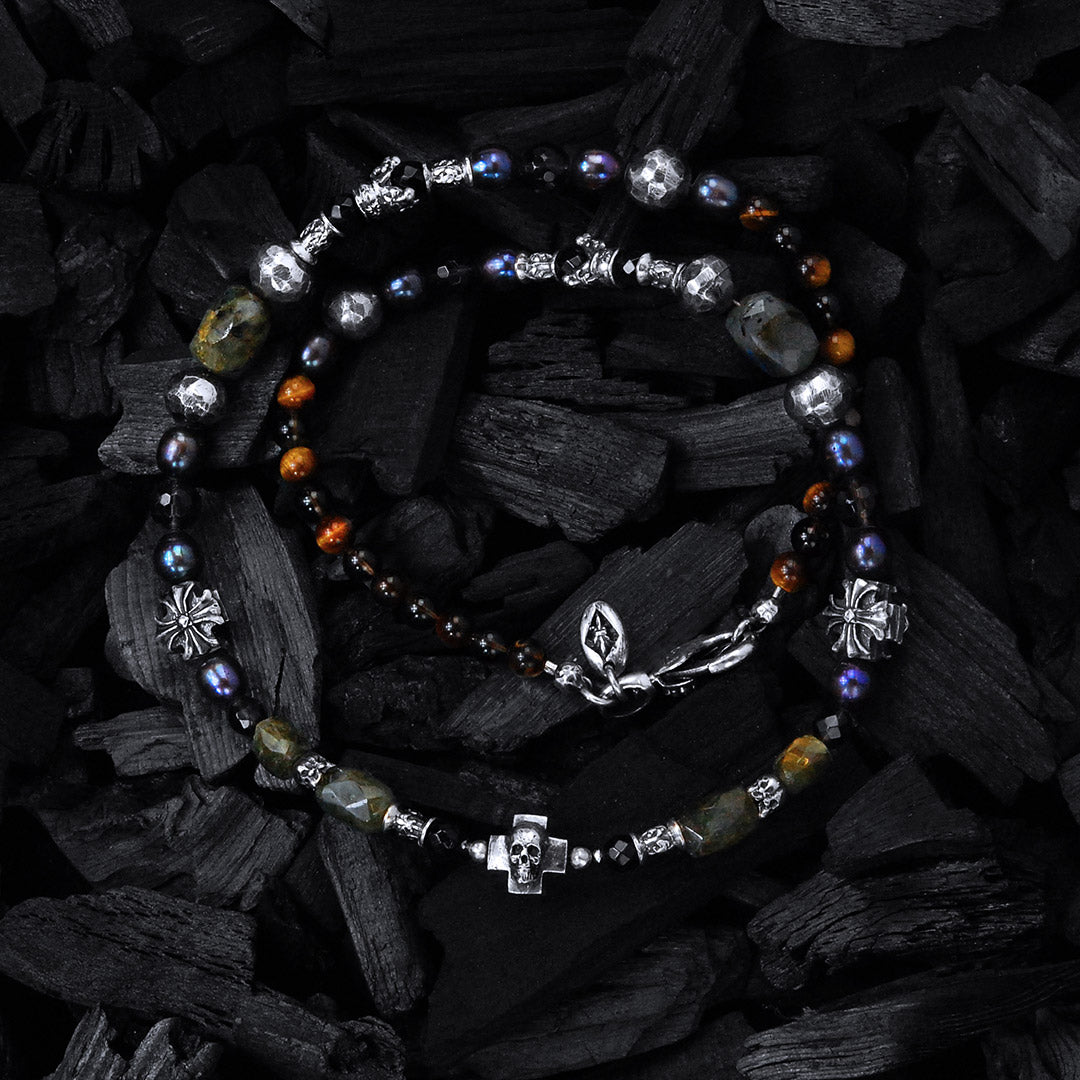 ROCKS and BEADS Necklace w. Silver Tubes+Balls + MALTESER  + Center SKULL CROSS