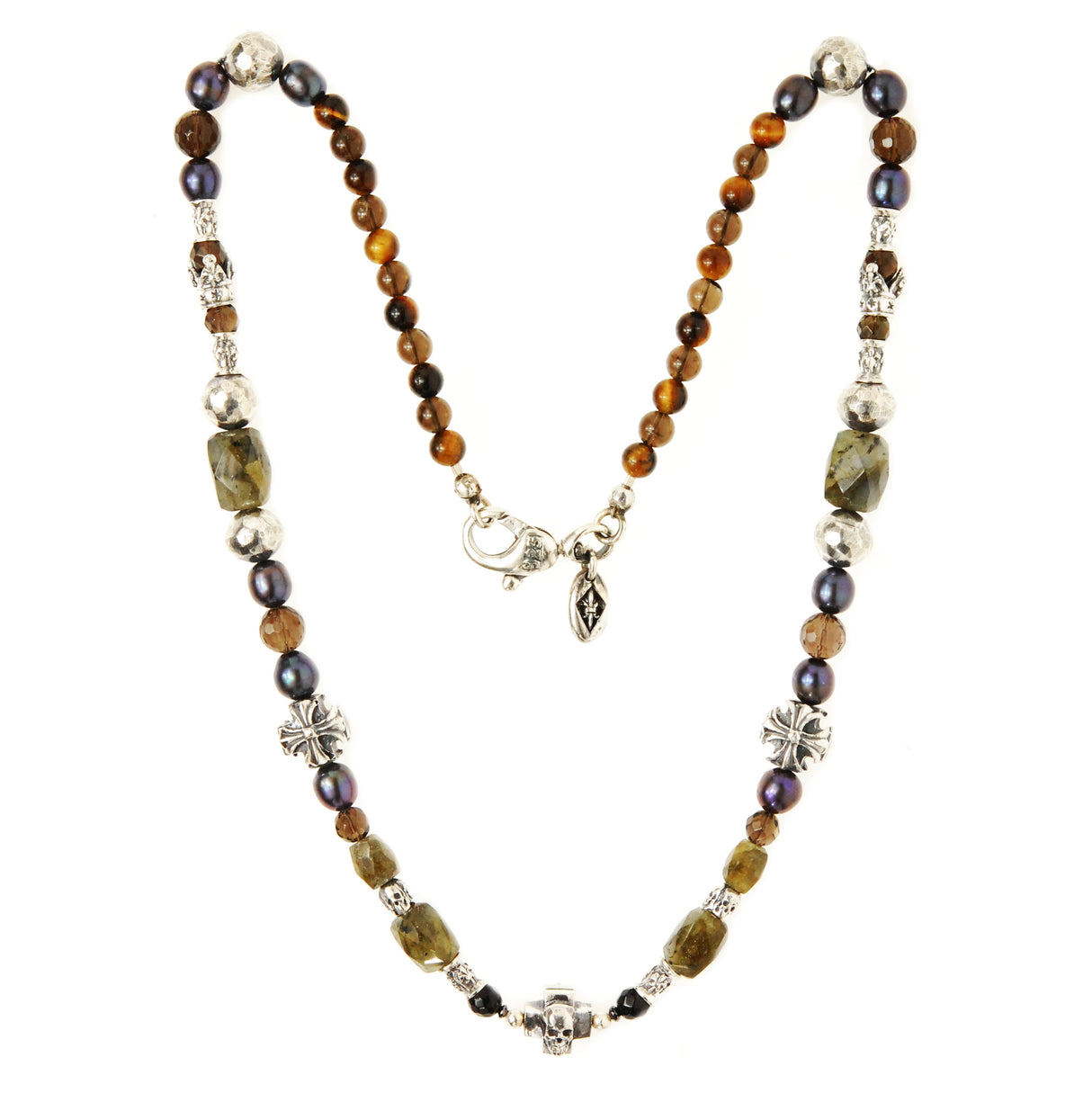 ROCKS and BEADS Necklace w. Silver Tubes+Balls + MALTESER  + Center SKULL CROSS