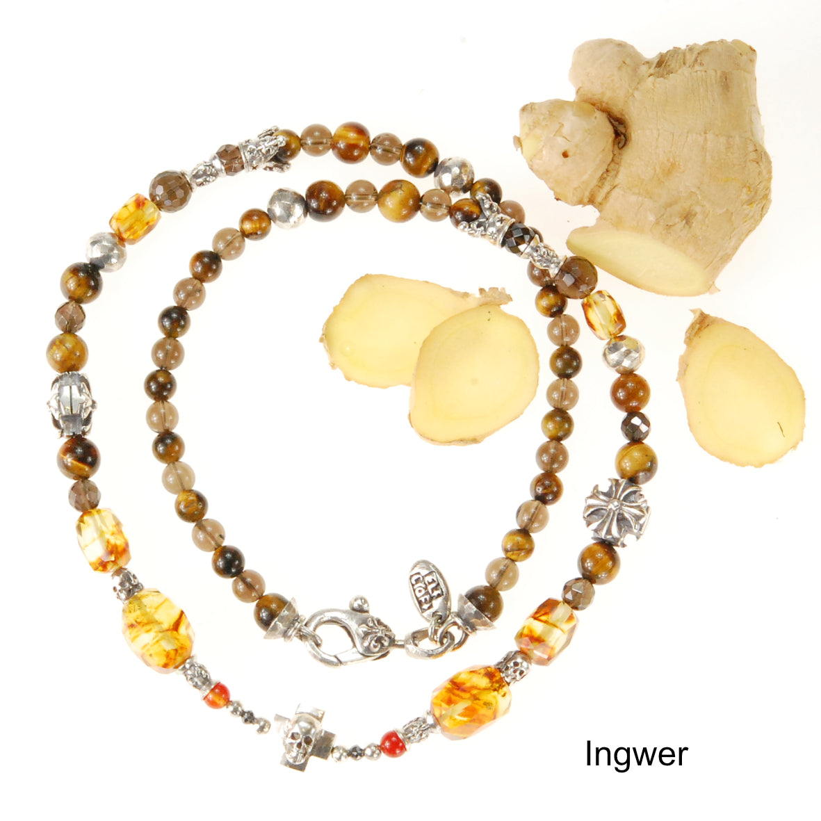 ROCKS and BEADS Necklace w. Silver Tubes+Balls + MALTESER  + Center SKULL CROSS