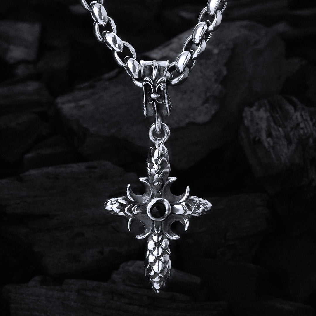 Silver Pendant CRESCENT CROSS with DRAGON SCALES