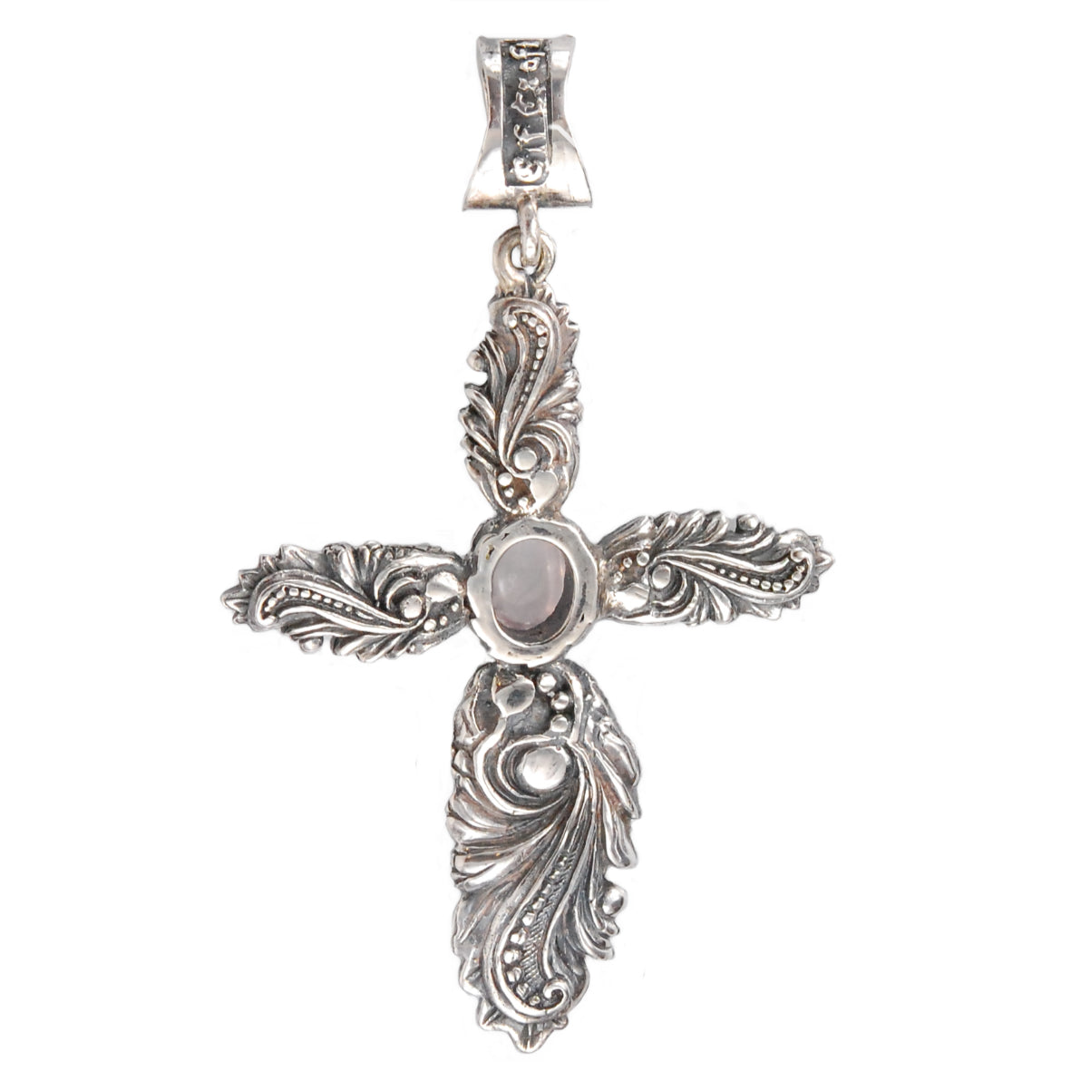 Silver Pendant MAGIC PLANT Cross and OVAL ROSE QUARZ 70