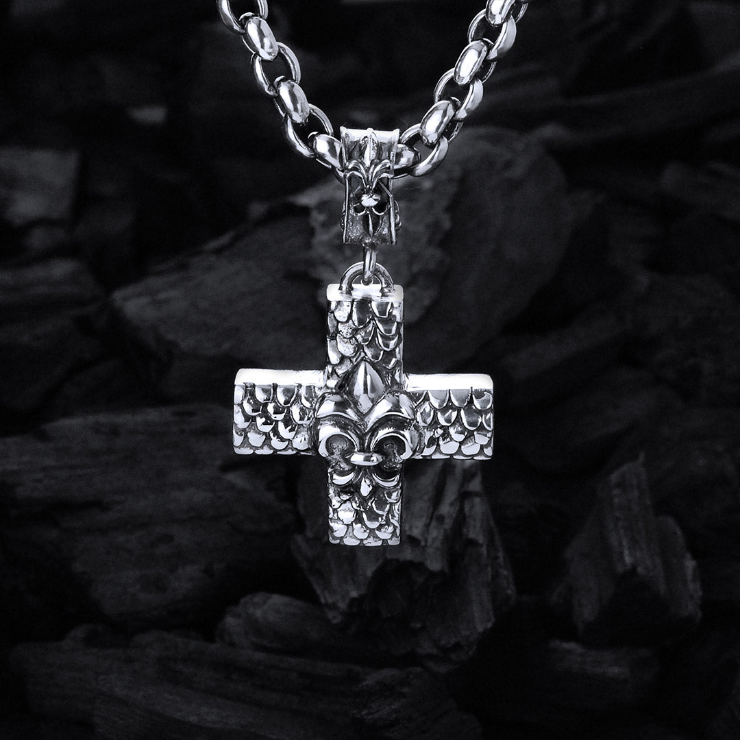 Silver Pendant Greek Cross Body with DRAGON SCALES and LILY