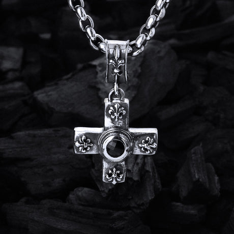 Silver Pendant Greek Cross Body with Elfin Stoneholder and Lilies