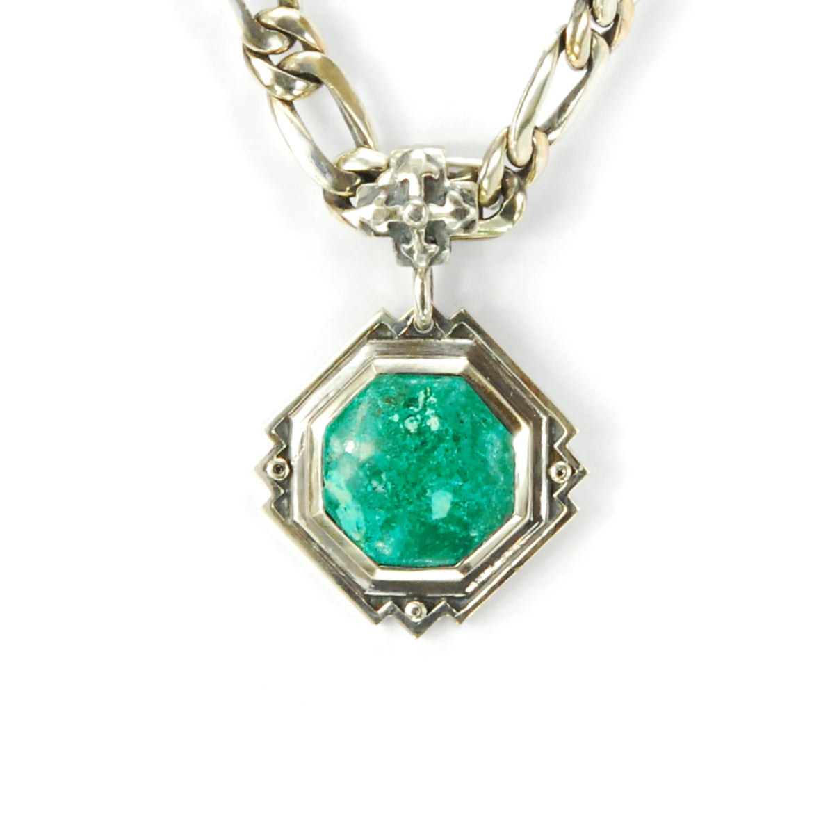 Silver Pendant OCTAGON Stone with Blades Cross Loop