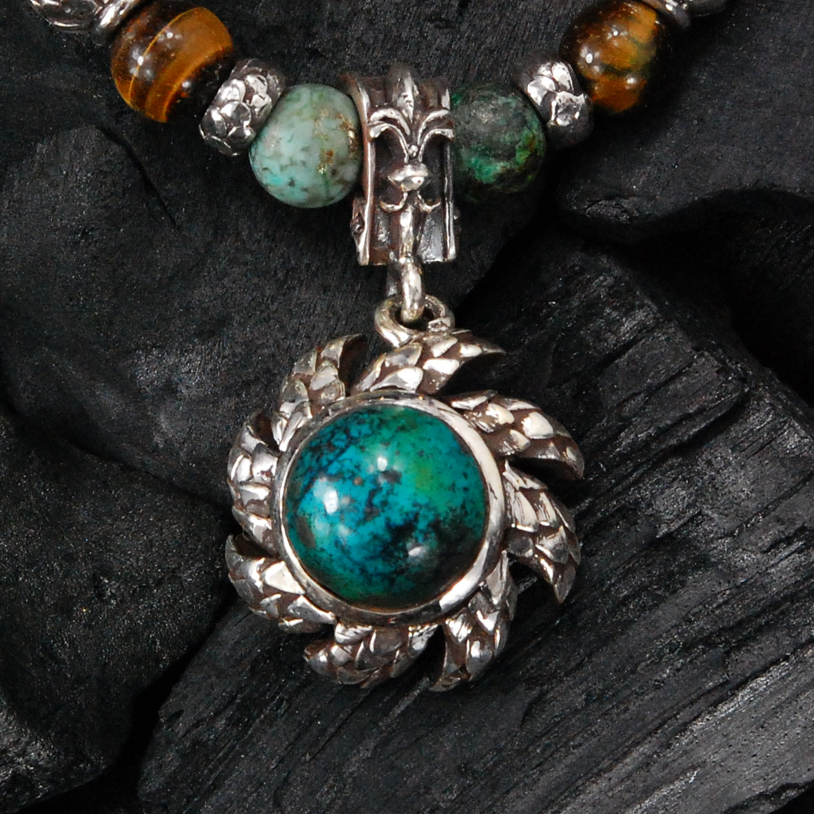 Silver Pendant Spiral Flamed SUN with Dragon Scales and Stone