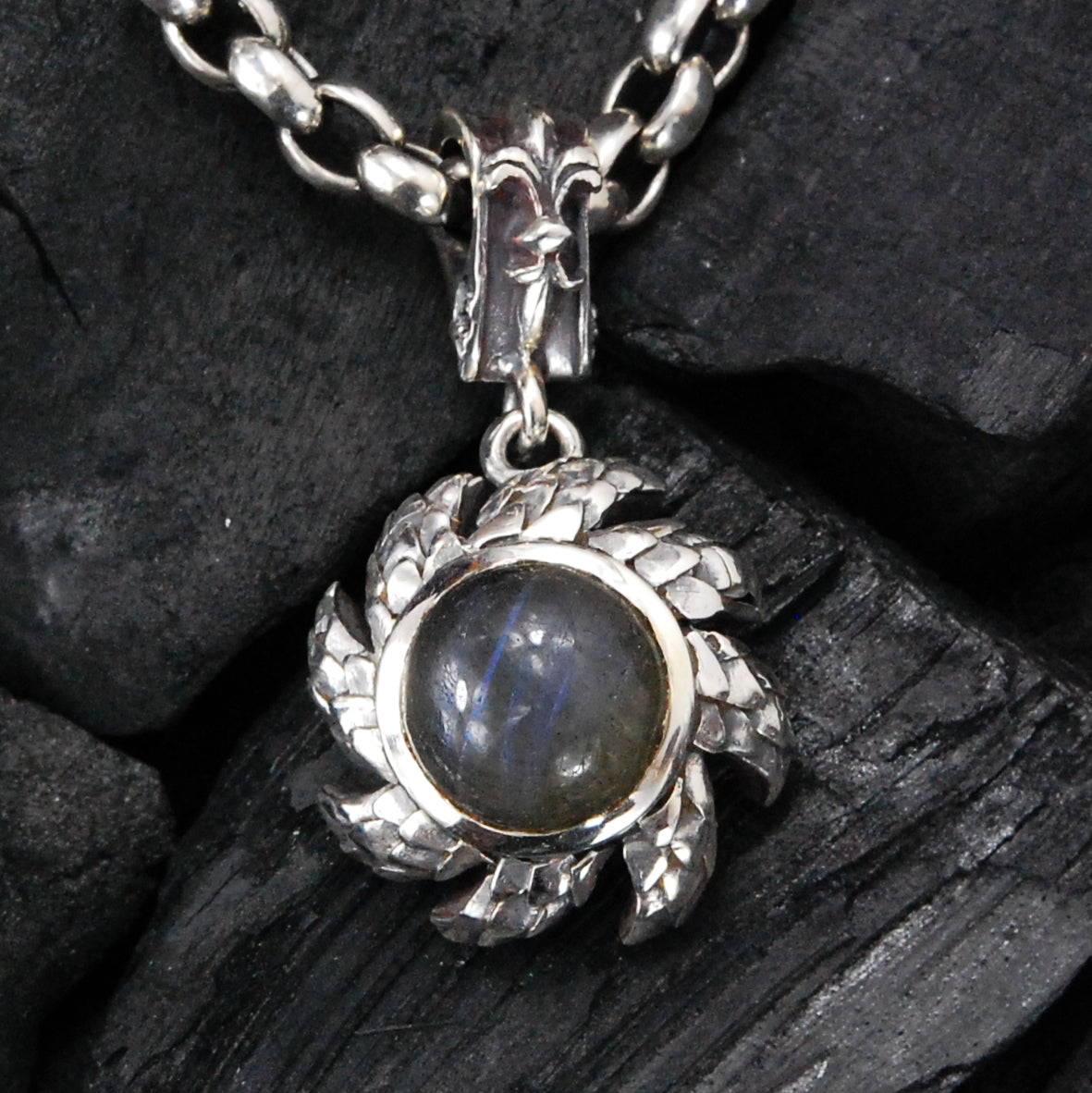 Silver Pendant Spiral Flamed SUN with Dragon Scales and Stone