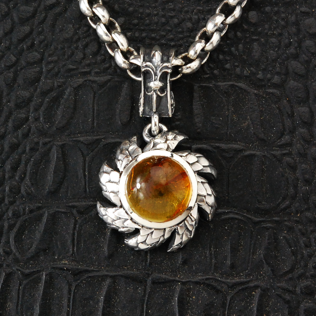 Silver Pendant Spiral Flamed SUN with Dragon Scales and Stone
