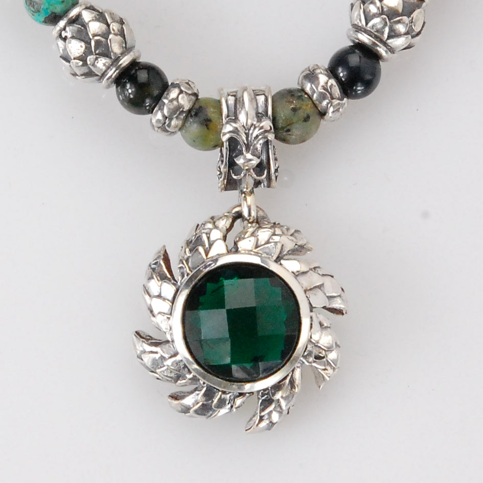 Silver Pendant Spiral Flamed SUN with Dragon Scales and Stone
