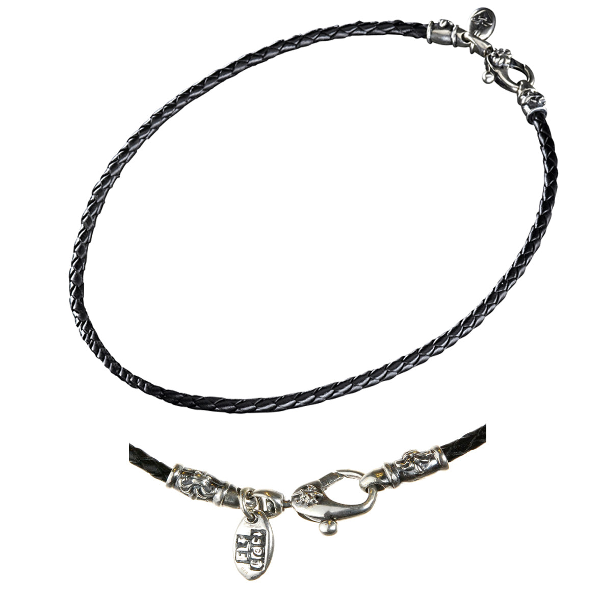 Silver-Leather NECKBAND PLAIN S with Silver Carabiner 3.5