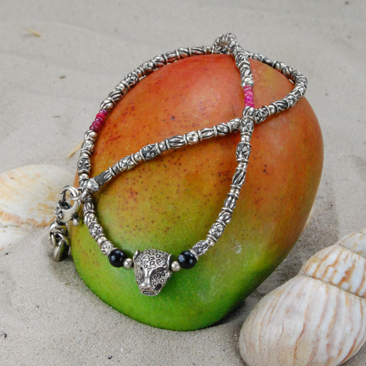 Silver Necklace ELFIN TUBES with LEOPARD and Rubies