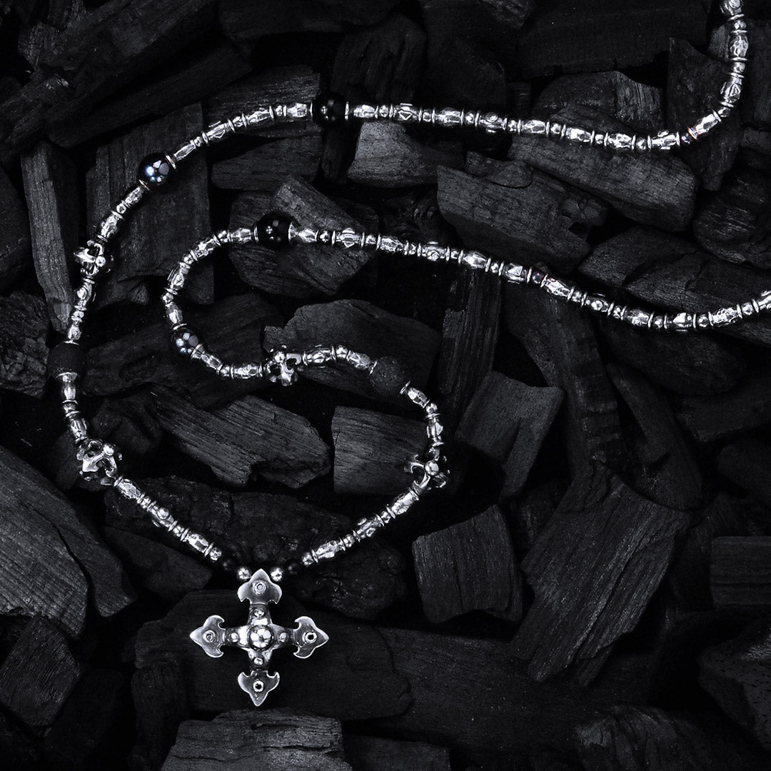 Silver Necklace Tubes with BLADES CROSS Body and Beads and Blades Cross Balls