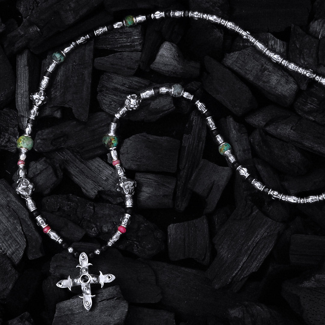 Silver Necklace Tubes with SMITH CROSS Body and Beads and Blades Cross Balls