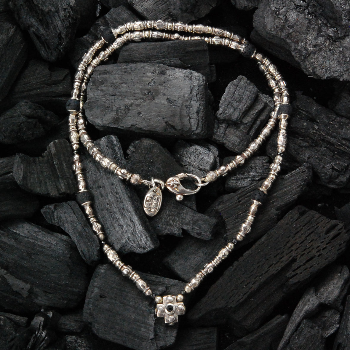 Silver Neckchain Rough Tubes PLAIN CROSS with LAVA and Black DIAMOND Beads