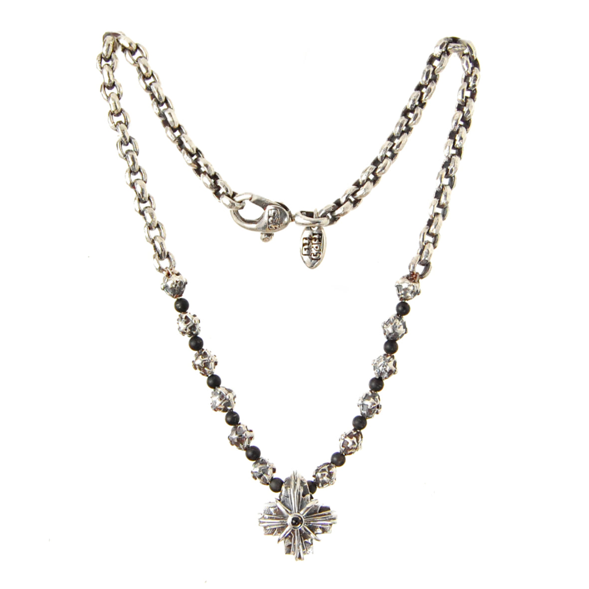 Silver Neckchain PEA s Chain XSFaceted+Onyx Beads with Morning Star Cross