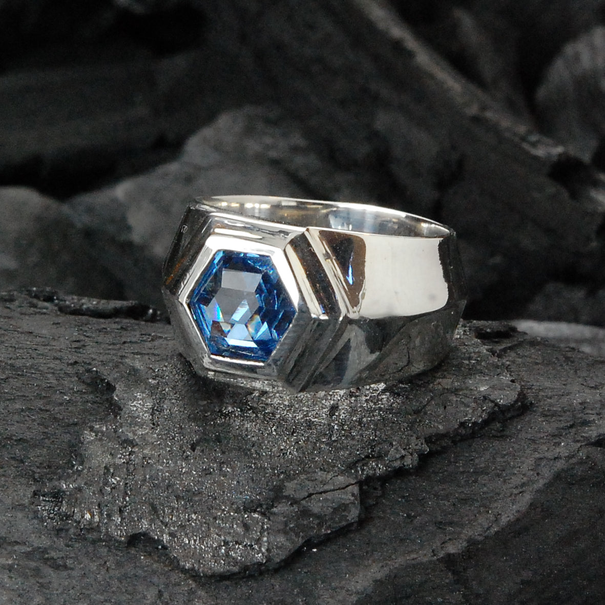 Silver Ring HEXAGON  FF Stone