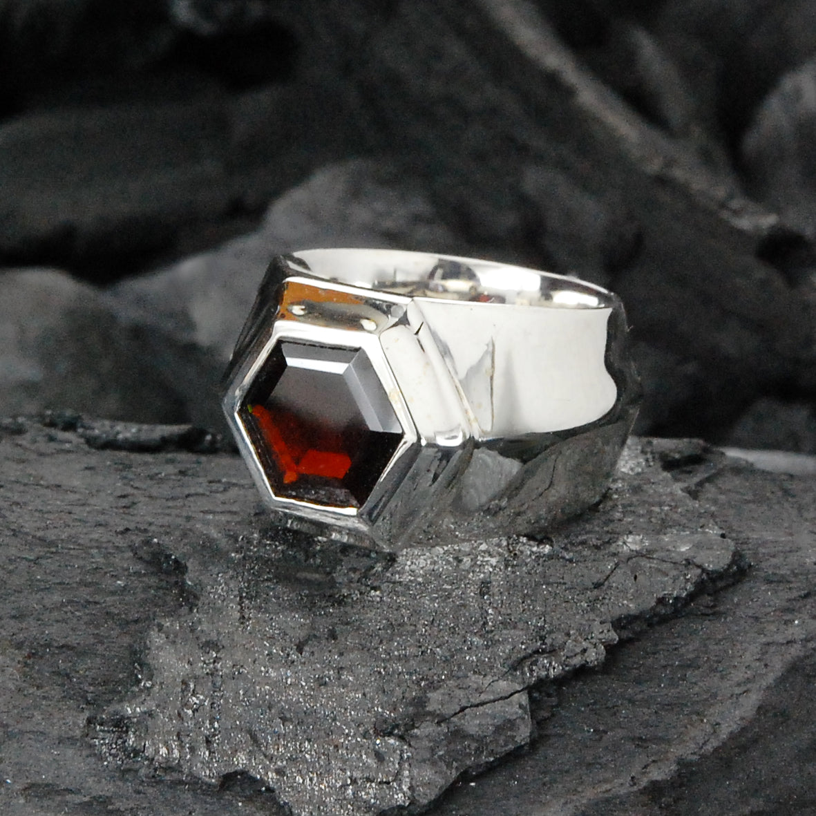 Silver Ring HEXAGON  FF Stone