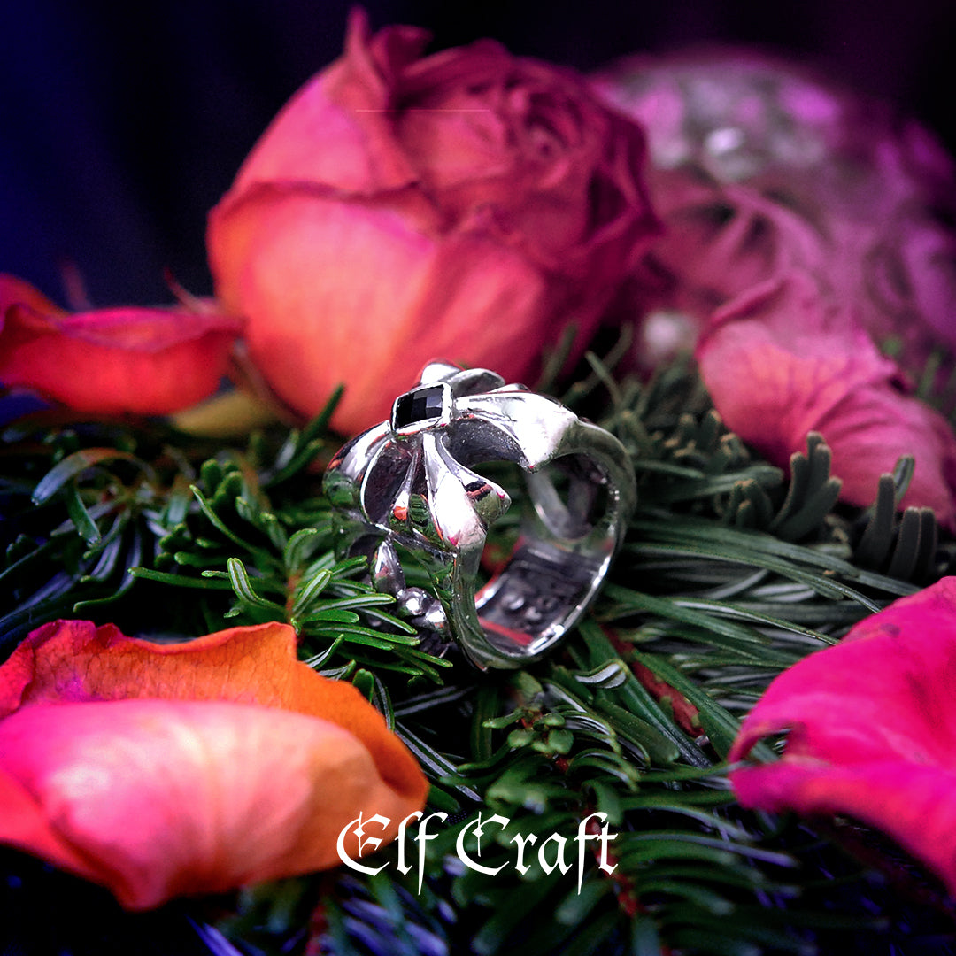 Silver Ring SPROUTS CROSS L open and Stone